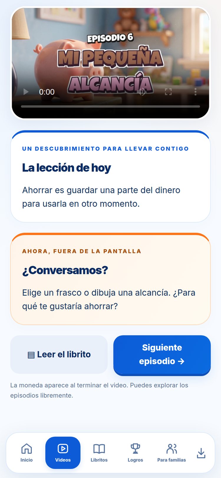 Lección y actividad en familia — pantalla de la aplicación
