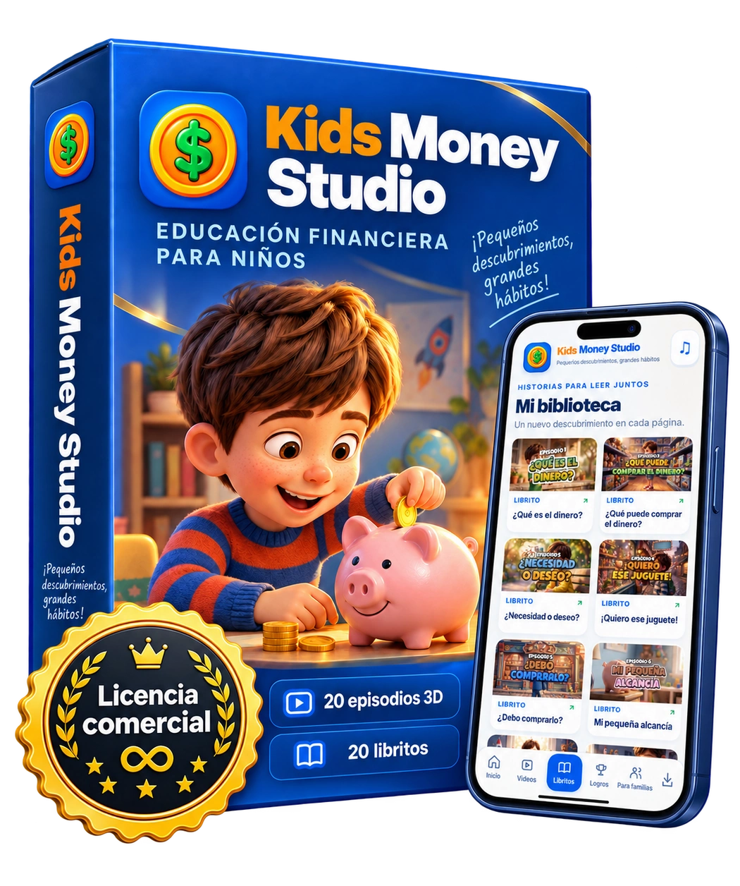Caja del producto Kids Money Studio con sello de licencia comercial y la aplicación en el celular