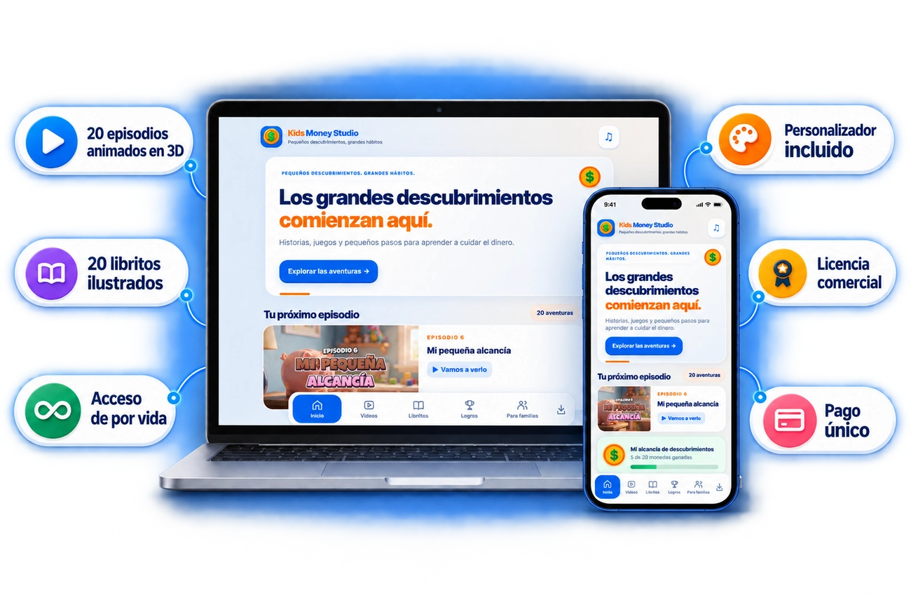Kids Money Studio en la laptop y en el celular, con personalizador, licencia comercial y acceso de por vida